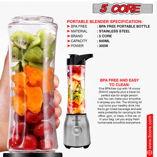 5 Core 600ml Personal Blender for Shakes and Smoothies; Powerful & Professional Smoothie Maker with Portable Bottle 300W Electric Motor BPA Free Food Processor 20 Oz 4 Stainless Steel Blade 5C 521