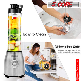 5 Core 600ml Personal Blender for Shakes and Smoothies; Powerful & Professional Smoothie Maker with Portable Bottle 300W Electric Motor BPA Free Food Processor 20 Oz 4 Stainless Steel Blade 5C 521