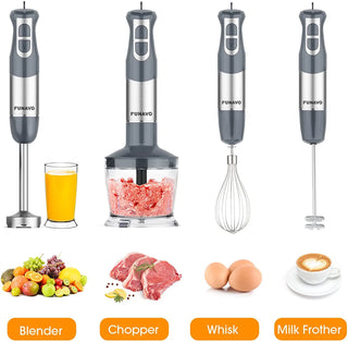 Immersion Hand Blender, FUNAVO 5-in-1 Multi-Function 12 Speed 800W Stainless Steel Handheld Stick Blender with Turbo Mode, 600ml Beaker, 500ml Chopping Bowl, Whisk, Frother Attachments, BPA-Free